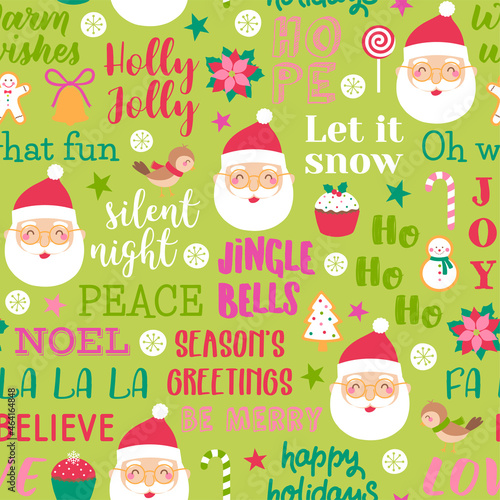 Cute santa claus with fun typography seamless pattern background.