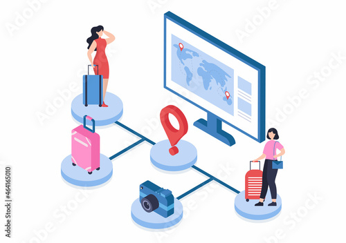 Travel Agency Background Vector illustration. People Visit the Landmarks of these World Famous Tourist Attractions using Plane, Car or Boat Transportation