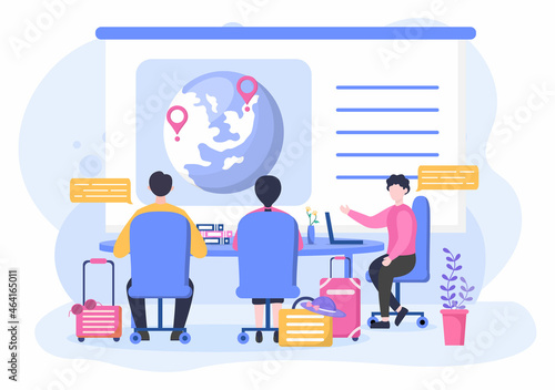 Travel Agency Background Vector illustration. People Visit the Landmarks of these World Famous Tourist Attractions using Plane, Car or Boat Transportation