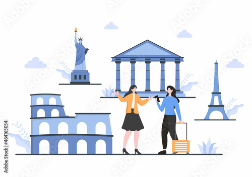 Travel Around The World Vector Illustration Background. Time to Visits Icon Landmarks and Other Tourist Attractions of the Country