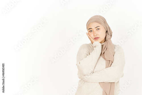 Boring Face Expression of Beautiful Asian Woman Wearing Hijab Isolated On White Background
