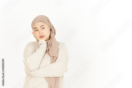 Boring Face Expression of Beautiful Asian Woman Wearing Hijab Isolated On White Background