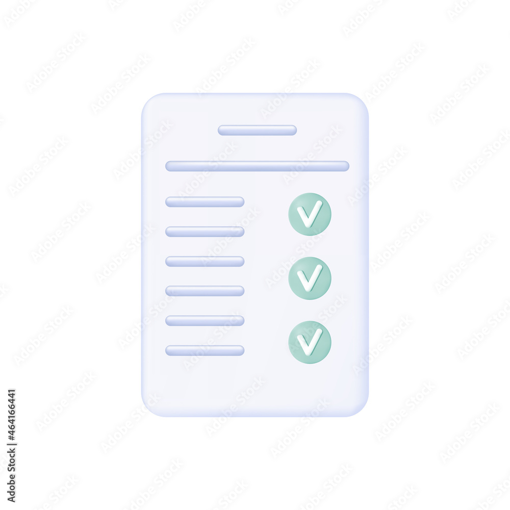 3d questionnaire selection, test, exam. Verified survey with an approved result. Correct answers. Viewing the completed task on paper form of a document, report. Checklist with checkmark. Vector