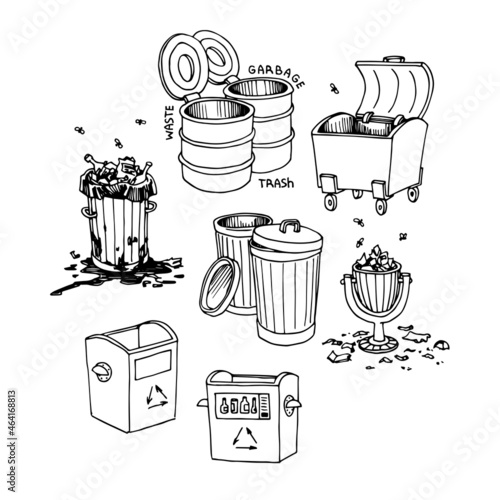 a set of garbage cans, waste bins, a dirty dump with flies, vector illustration with contour lines in black ink isolated on a white background in a doodle and hand drawn style