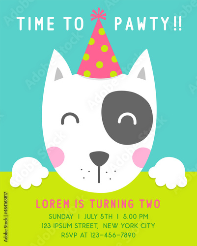 Cute cartoon dog illustration with text "Time to pawty" for party invitation card template.