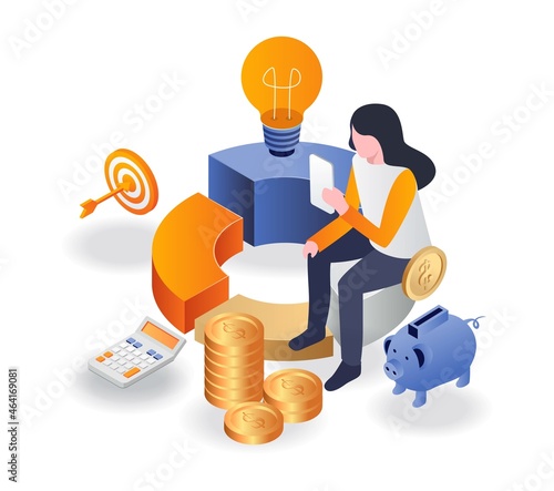 Investor sitting on pie chart with pile of money