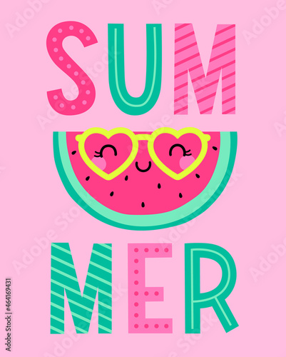 Cute sliced watermelon cartoon character illustration for summer holidays concept.