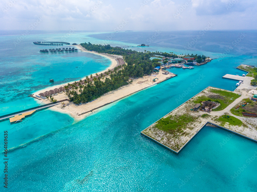 An aerial view a tropical Maldivian island in the Indian ocean