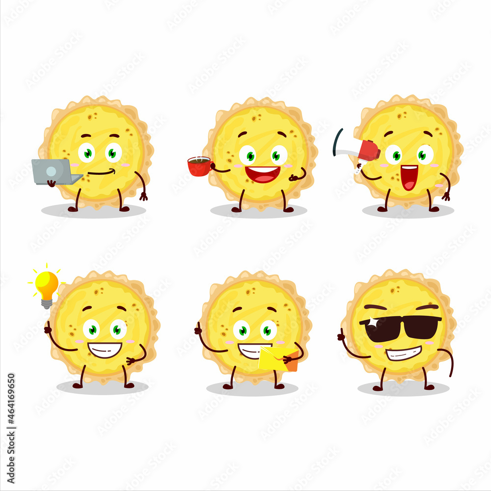 Cheese tart cartoon character with various types of business emoticons