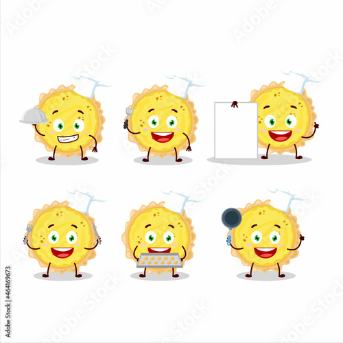 Cartoon character of cheese tart with various chef emoticons