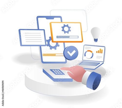Smartphone and computer app updates in isometric illustration