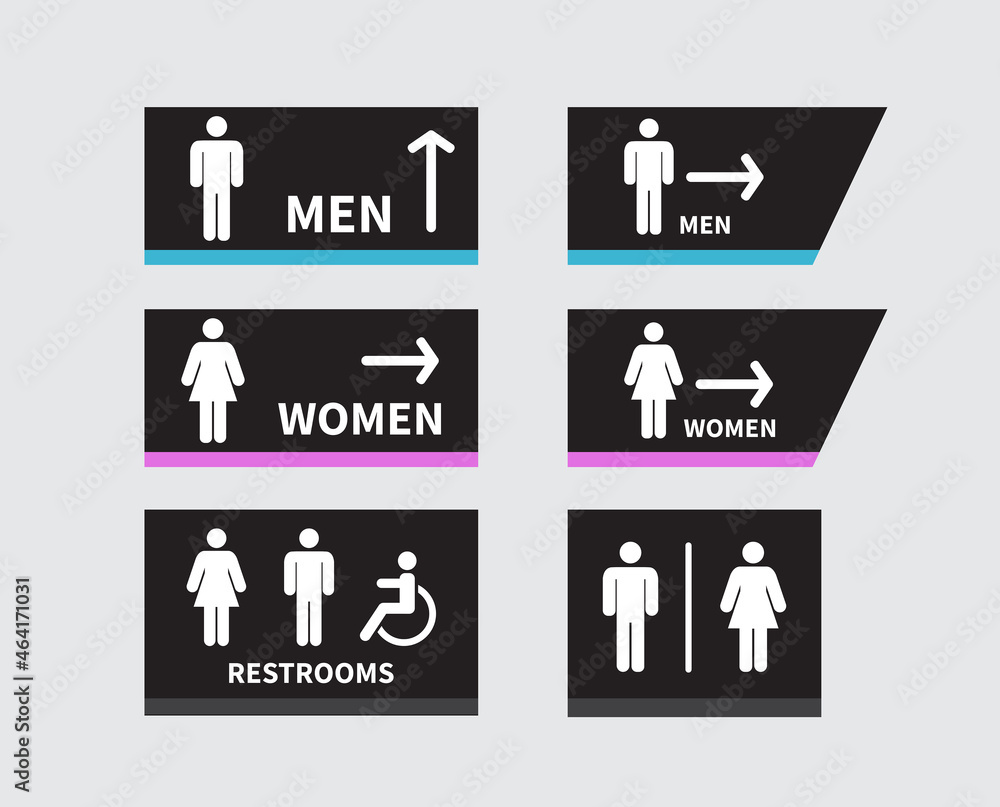 Set of toilet signs on white background. Men and women restroom icon sign right arrow. Disabled wheelchair icon. vector illustration Set of toilet signs on white background. Men and women restroom icon sign right arrow. Disabled wheelchair icon. vector illustration