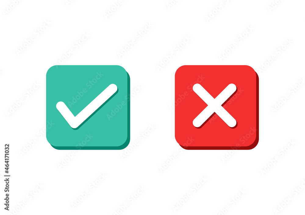 True and false flat icons. Green check mark and red cross button. Yes or No symbol. Vector illustration True and false flat icons. Green check mark and red cross button. Yes or No symbol. Vector illustration
