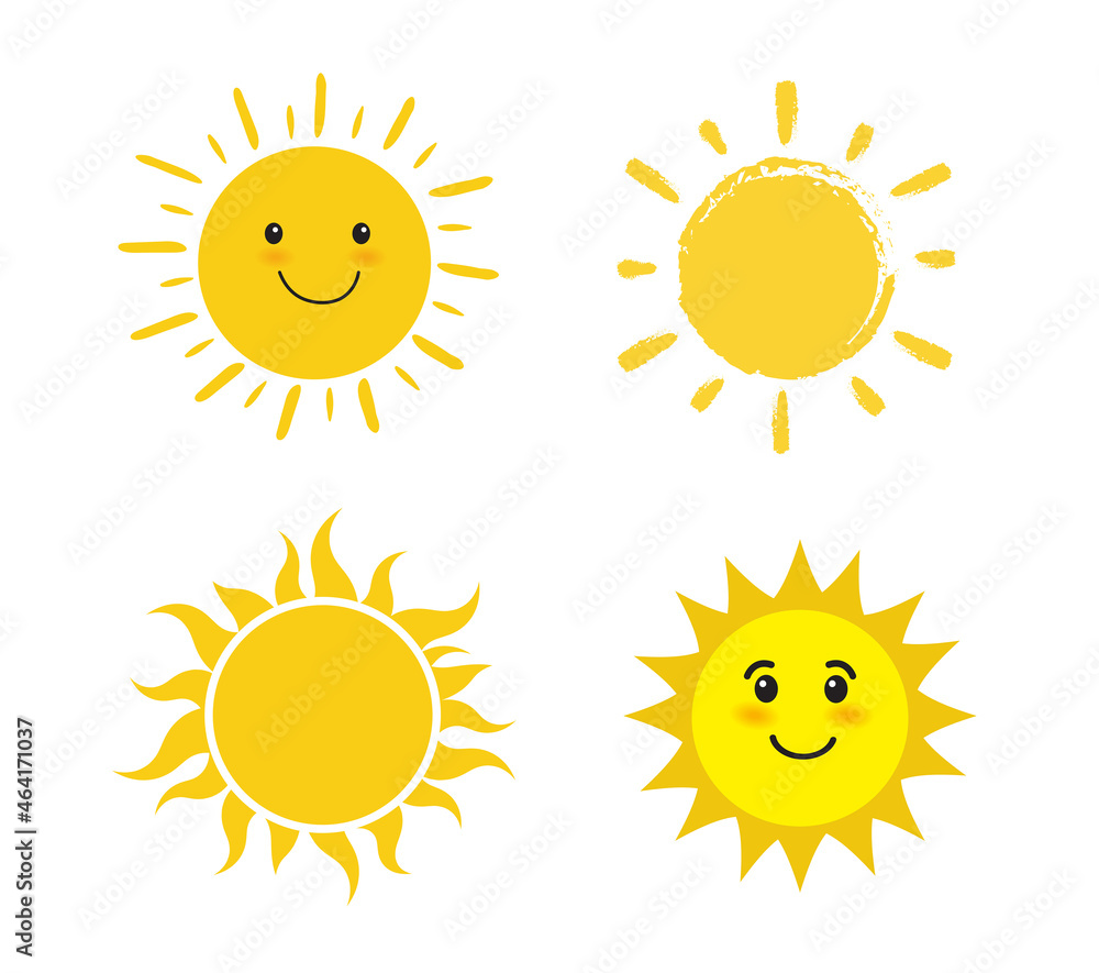 Set of sun isolated on white background. Smiling cartoon sun. Vector illustration. Set of sun isolated on white background. Smiling cartoon sun. Vector illustration.