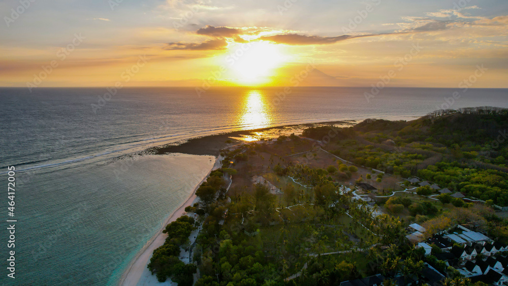 Obraz premium Aerial view of Gili Trawangan Island, Indonesia with morning sunrise sunlight. Lombok, Indonesia