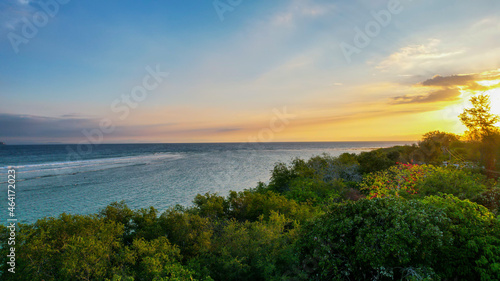 Aerial view of Gili Trawangan Island, Indonesia with morning sunrise sunlight. Lombok, Indonesia