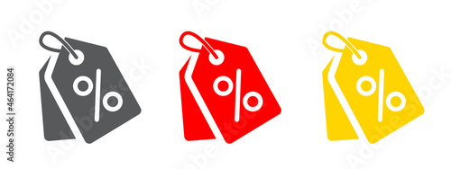 Three colorful price tag icon. Label tag icon with percentage. Flat outline design for apps and websites.