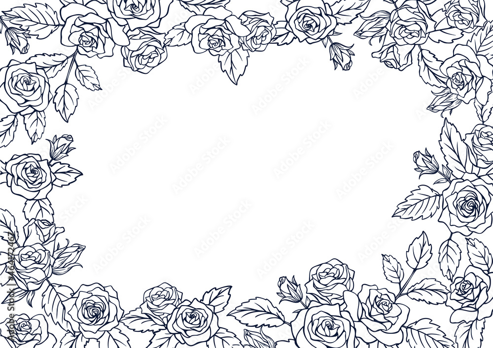 薔薇の花を装飾したデザイン用のフレーム素材　線画