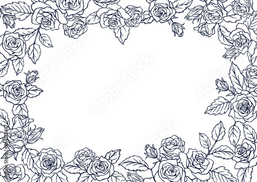 薔薇の花を装飾したデザイン用のフレーム素材 線画