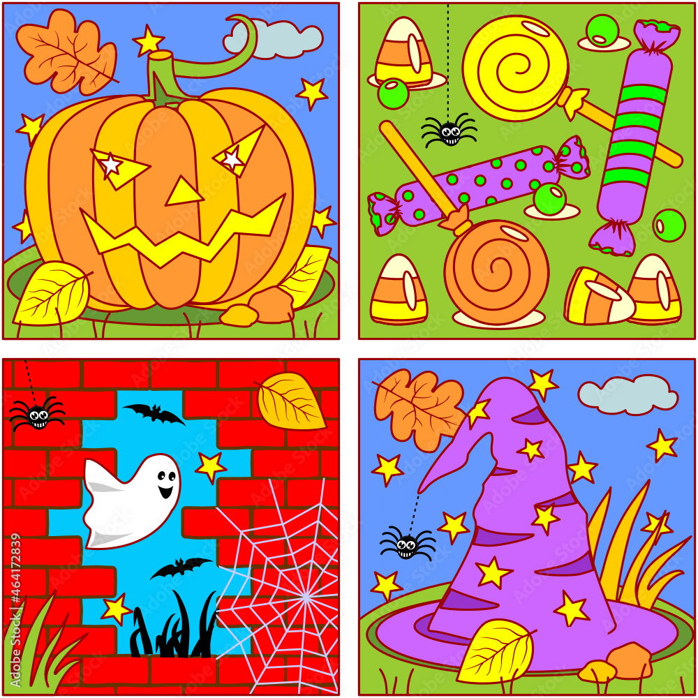 Halloween picture icons for designing themed projects - pumpkin, candy, witch hat, spooky ghost, bats, spiders, cobweb
