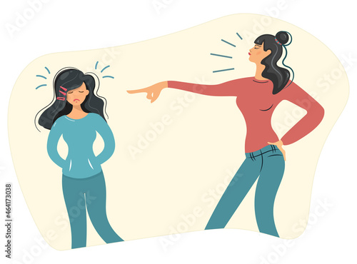 The mother scolds her daughter, accusing her. The daughter is very upset and worried. Wrong upbringing. The concept of internal conflict between children and parents. Vector illustration. Flat style.