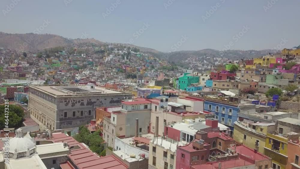 Aerial shot of the Alhóndiga de Granaditas, an iconic symbol of the mexican revolution in the  colonial city of Guanajuato.