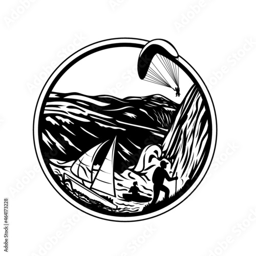 Retro style illustration of Norwegian fjord adventure tourism with sailing, paragliding, kayaking and hiking outdoor activities set inside circle on isolated background in woodcut black and white.