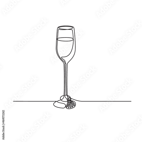 Mono line illustration of a champagne flute wine glass with clam shell wine tag done in monoline line art in black and white style.
