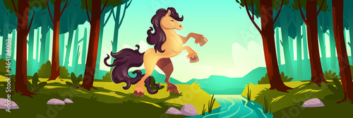 Wild horse rearing up in summer forest. Vector cartoon illustration of stallion and woodland landscape with trees, brook, green grass mountains on horizon. Mustang with beautiful mane and tail
