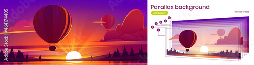 Nature scene with flying hot air balloon, lake and coniferous forest on coast at sunset. Vector parallax background for 2d animation with cartoon airship with basket fly over river at evening