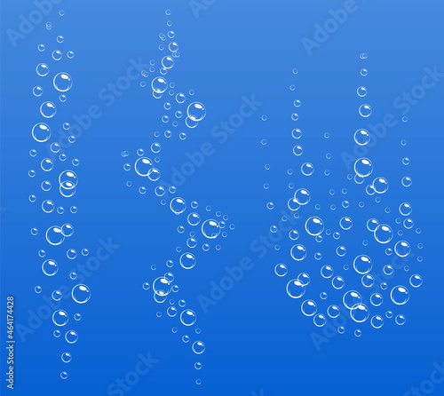 Cartoon fizzing flow of air underwater bubbles in water, soda, sea. Foam bubbles. Vector illustration on blue background.