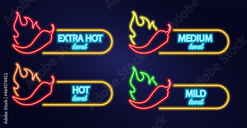 Neon icon set chilli with fire. Signboard with hot burning pepper. Spice Levels vector illustration. Night bright signs.