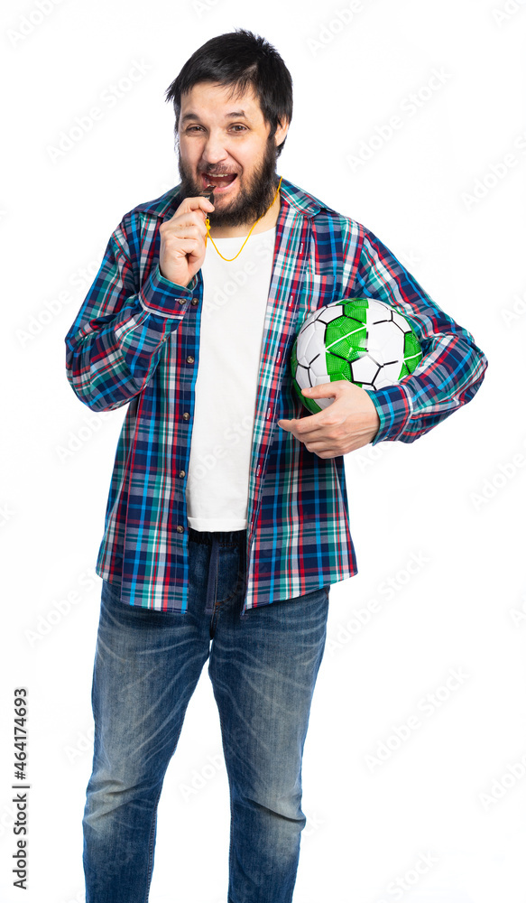 a man in a shirt and jeans holds a ball and eats chips. cheerleader watching the game. White background