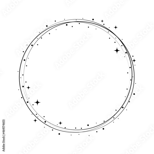 Sparkle star circle frame. Wreath round stardust border for party  birthday decor design. Laurel frame with  cosmic glitter shine. Isolated black flat vector illustration.