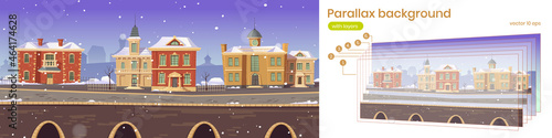 Old town street with retro european buildings and stone promenade. Vector parallax background for 2d animation with cartoon winter cityscape with vintage architecture and snow