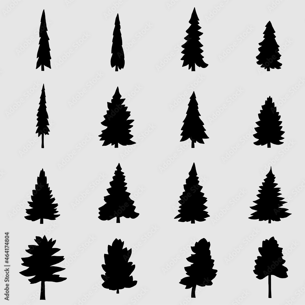 Simplicity pine tree freehand silhouette drawing design collection.