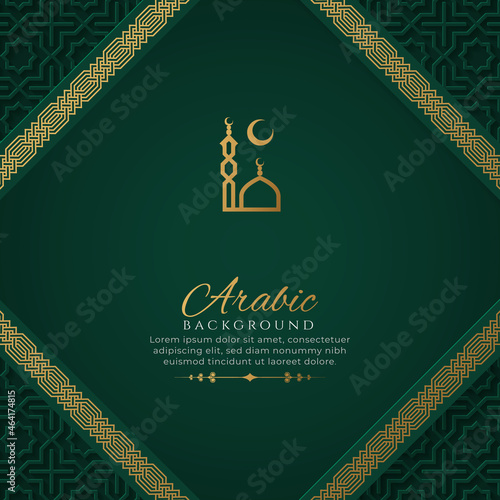 Arabic Islamic Elegant Green and Golden Luxury Ornamental Background with Islamic Pattern	