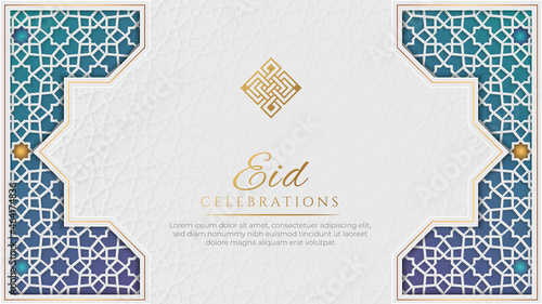 Eid Mubarak White and Blue Luxury Islamic Background with Decorative Ornament Pattern