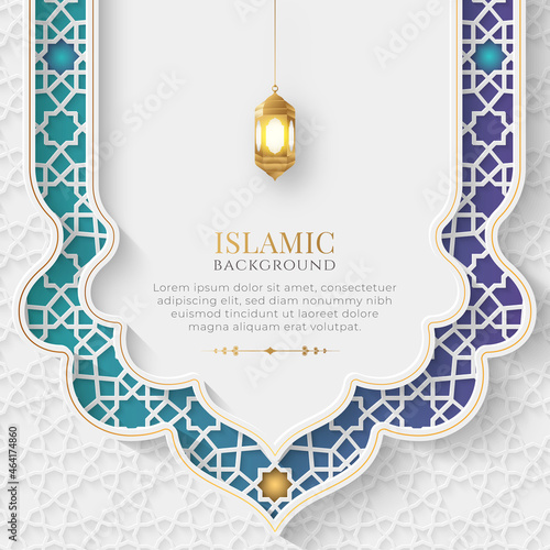 White and Blue Luxury Islamic Background with Decorative Ornament Frame