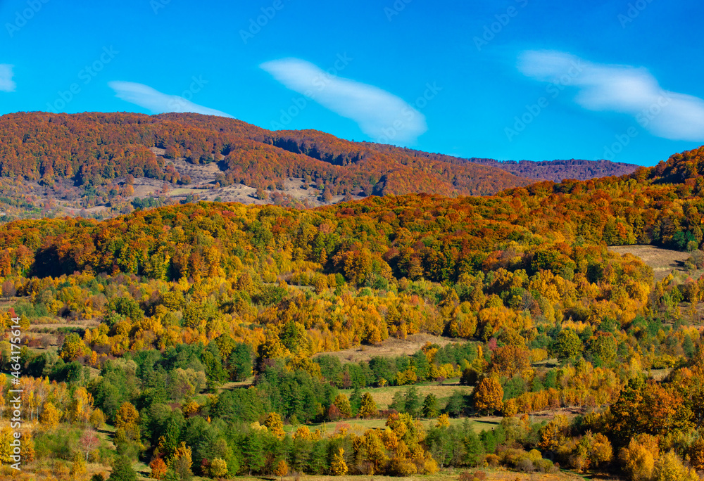 landscape with wooded hills in autumn