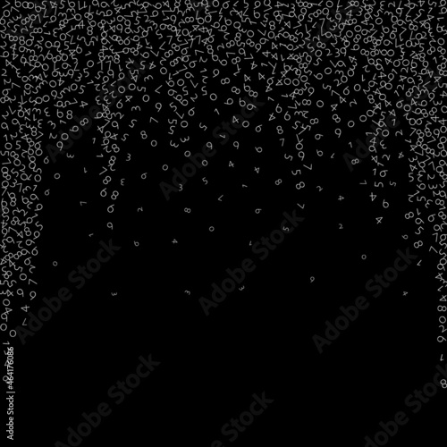 Falling numbers, big data concept. Binary white disorderly flying digits. Valuable futuristic banner on black background. Digital vector illustration with falling numbers.