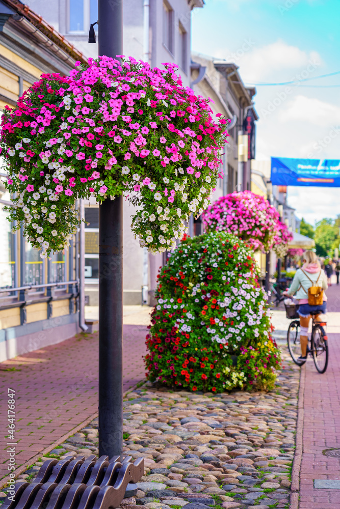 Fototapeta premium Multiple flowers decorating the streets in the city with a woman riding a bicycle.