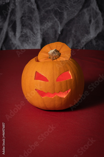 Gennevilliers, France - 10 17 2021: The table for Halloween with pumpkin and Spider web photo