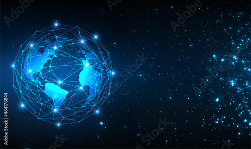 Global communication network connection around planet Earth in space. Worldwide exchange of information by internet and satellites. Internet and global connection concept. Vector
