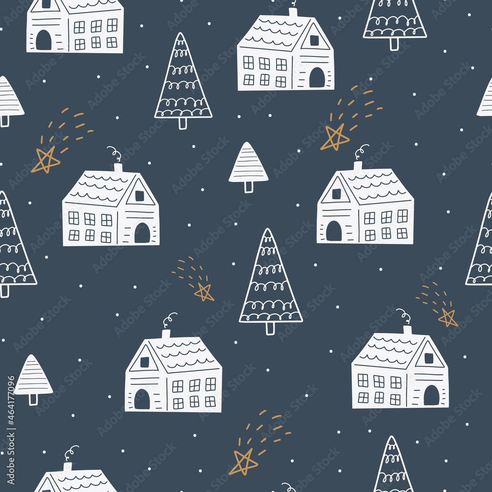 Christmas and New Year symbols scandinavian hand drawn seamless pattern. Vector cute print. Digital paper. Design element.