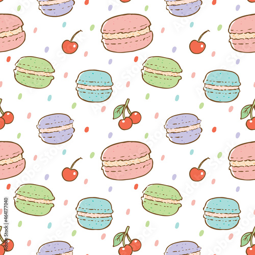 Seamless Pattern with Macaron and Cherry Illustration Design on White Background