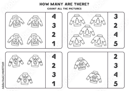 Counting game with Christmas sweaters. Educational worksheet.