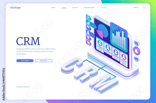 CRM banner. Concept of customer relationship management, marketing strategies and technologies for manage and development client interactions. Vector landing page with isometric illustration