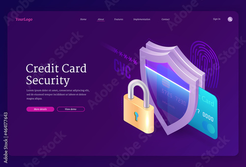 Credit card security website. Safety electronic finance concept. Vector landing page of protection online payment, internet purchase and transfer with isometric banking card, shield and padlock