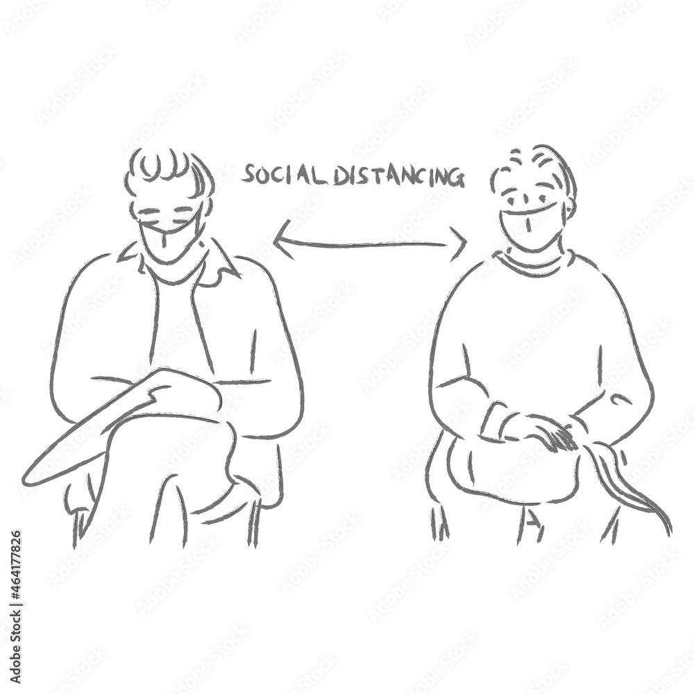 Fototapeta premium ソーシャルディスタンスとマスクをして座る人物のベクターイラスト